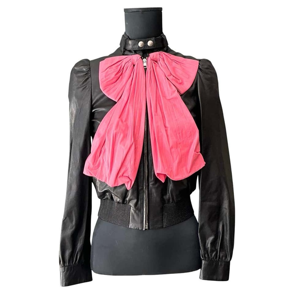 Gucci Black and Pink Leather Jacket with Velvet Bow